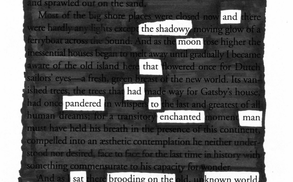 Image of a book's page with most of the words blacked out so that only a few remain, looking like a poem.